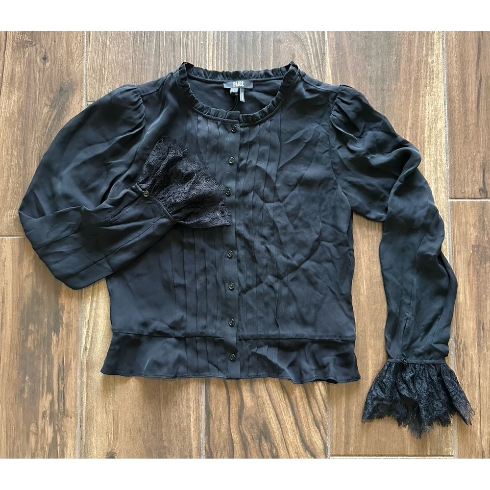 Paige Franca Silk Black Button Up Ruffle Sleeve‎ Top Sz 4 Goth Witchy Date Sexy
